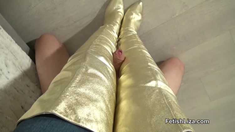 Fetish Liza – Gold thigh high bootjob – Cum on Boots, POV