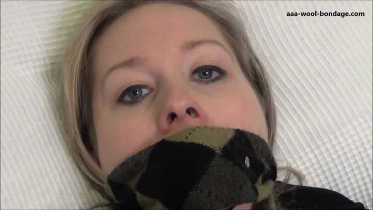 MAGGIE BOUND IN WOOL AND TIED UP WITH SCARFES – GAG TALKING