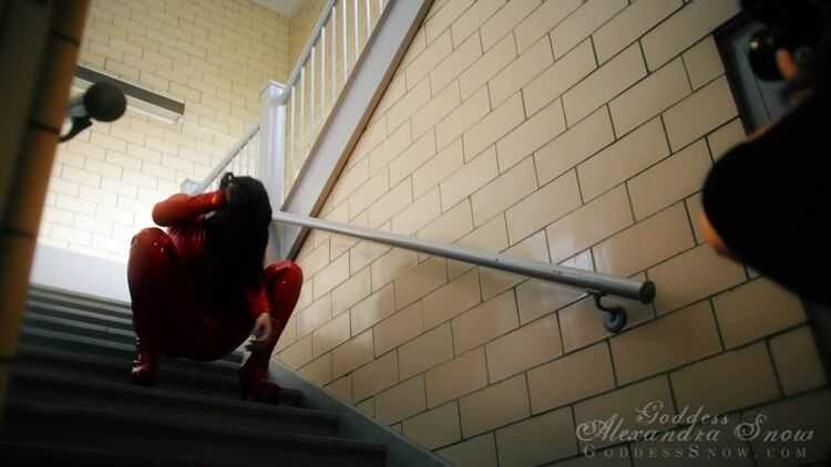 Goddess Worship – Goddess Alexandra Snow – Red Catsuit in Stairwell Photoshoot