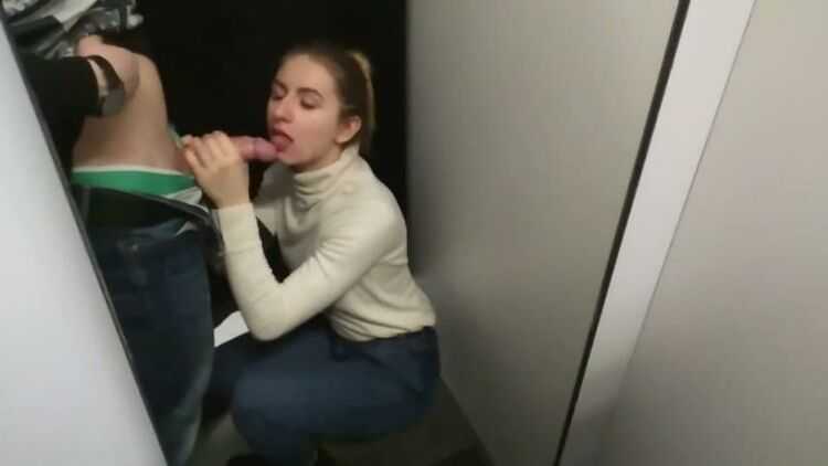 Eleo and Mish in 012 Public Changing Room Risky Blowjob, Cumshot on Black Shirt on public