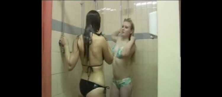 Hot lesbians girls take a shower and masturbate