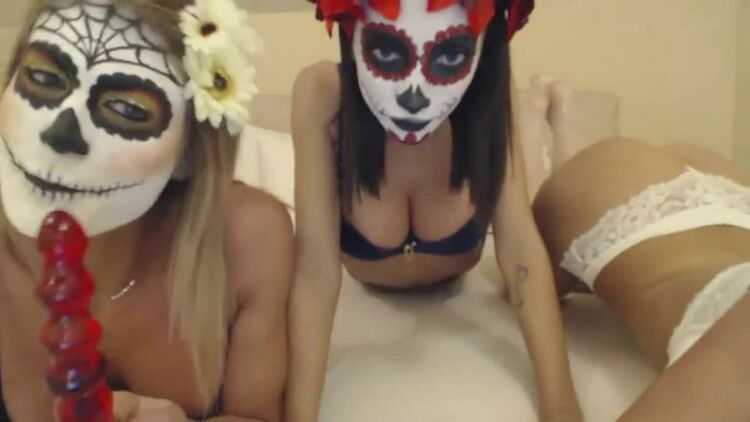 Halloween masked teens tease and masturbate on cam