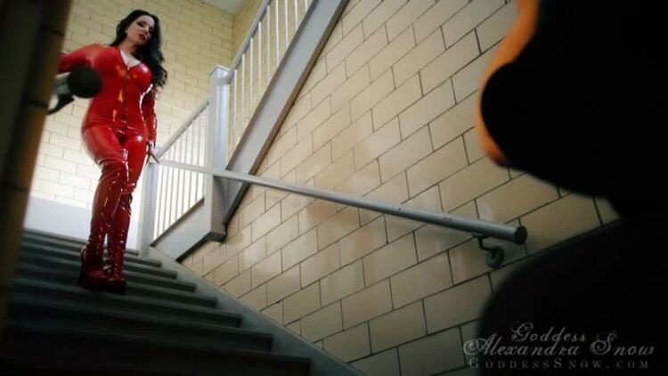 GoddessAlexandraSnow: Red Catsuit In Stairwell Photoshoot