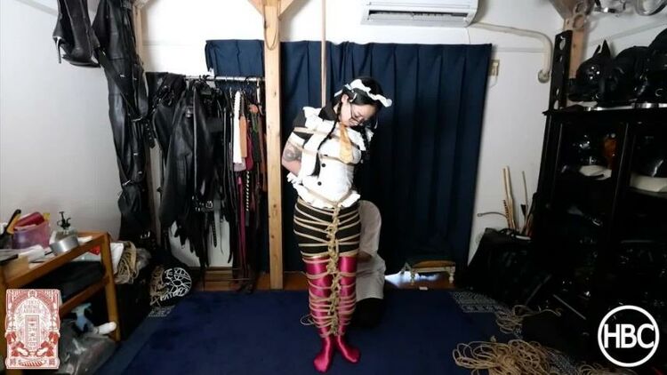 Double Domination on Japanese Maid in Shibari Rope Bondage Suspension