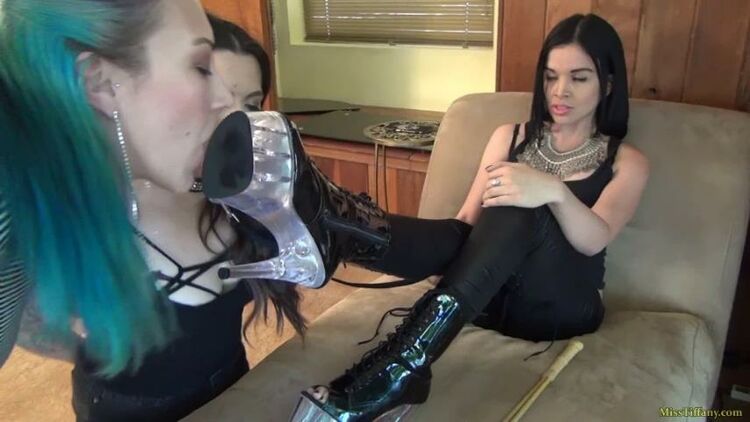 two lesbian sluts worship Miss Tiffanys pvc boots 1 080p