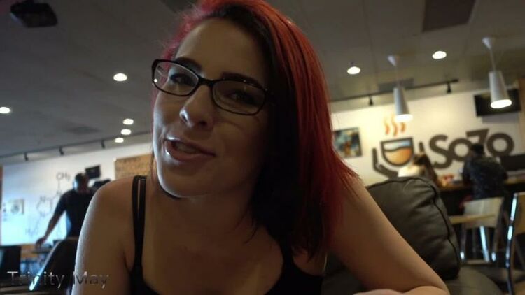 TrinityMay33 aka Trinity May in glass dildo public flashing coffee shop