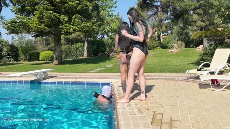 Evil Woman – Using house slave by 3 dommes on the pool