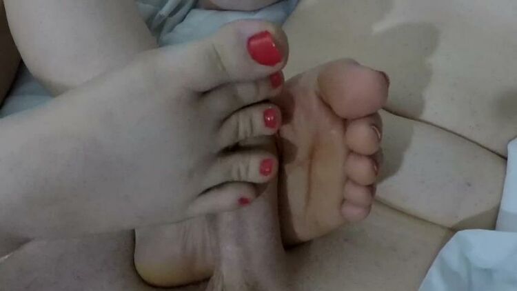 Hot pink toenails footjob with sticky cum ption