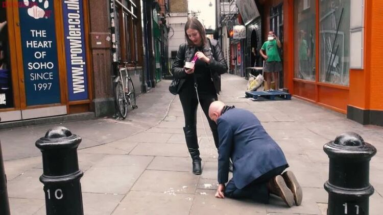 CRUEL ENGLISH FEMDOM – FED LIKE A D0G IN PUBLIC  Starring Mistress Evilyne – Shoe Worship, Shoe Licking