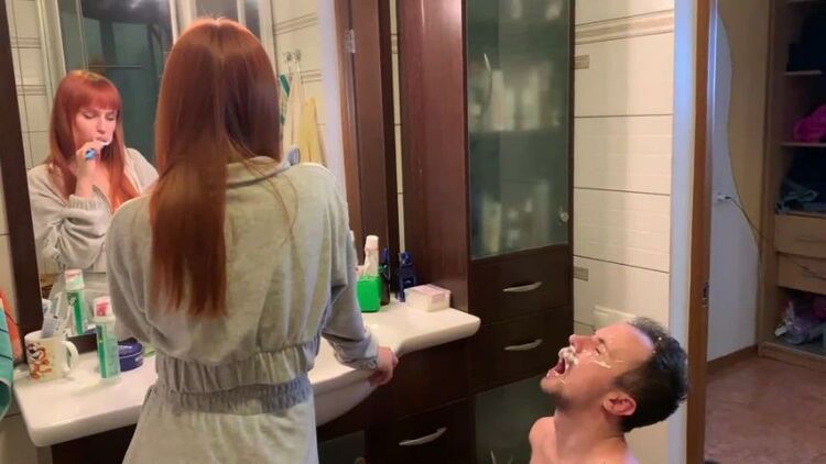 Petite Princess FemDom – Redhead Girl Brushes Her Teeth and Spits in Slave s Mouth