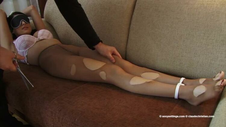 Alison / - tied gets her pantyhose cut open - Son