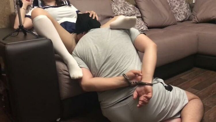 Femd slave lick pussy schoolgirl in handcuffs