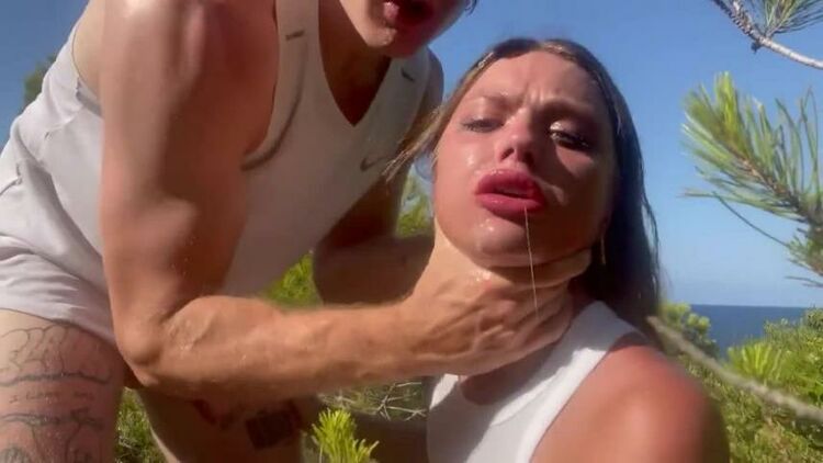 UltraSadSlut - Rough sloppy deepthroat, Hard face fuck on beach, Public Cum in mouth