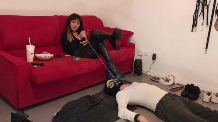 Goddess Sandra Domina — Ignored footstool with new boots and dangling while smoking SECOND POV [updated: 2024-04-07]