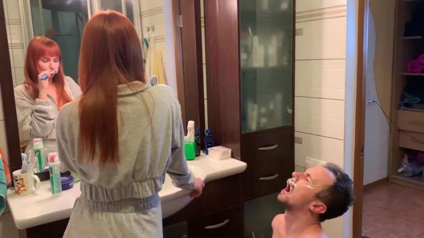 Petite Princess FemDom - Redhead Girl Brushes Her Teeth and Spits in Slave